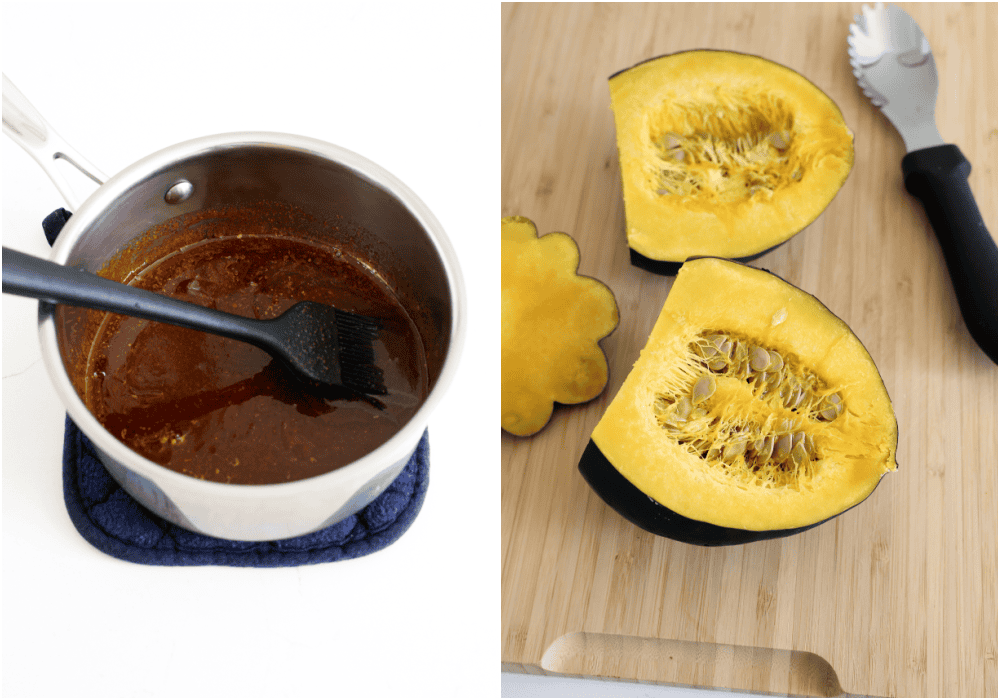 Some the steps to making roasted acorn squash. Combine the melted butter, maple syrup, chili powder, smoked paprika, ground cumin, and ground cinnamon in a small saucepan. Slice the stem end off and cut the squash in half. 