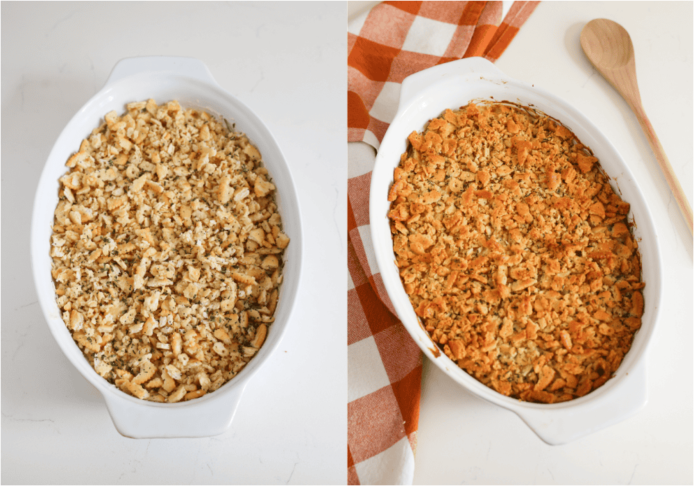 Some of the steps to making Ritz cracker chicken casserole. Sprinkle the cracker topping. Bake for 25-30 minutes or until the top is golden brown and the casserole is heated. 