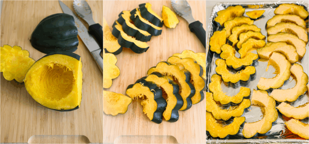 Some of the steps to making roasted acorn squash. Remove the seeds from the squuash. Use a sharp knife to cut the squash in half and slice it into little over ½ inch crescent or half-moon shape pieces. Arrange the cut slices in a single layer on a baking sheet covered with lightly oiled aluminum foil. 