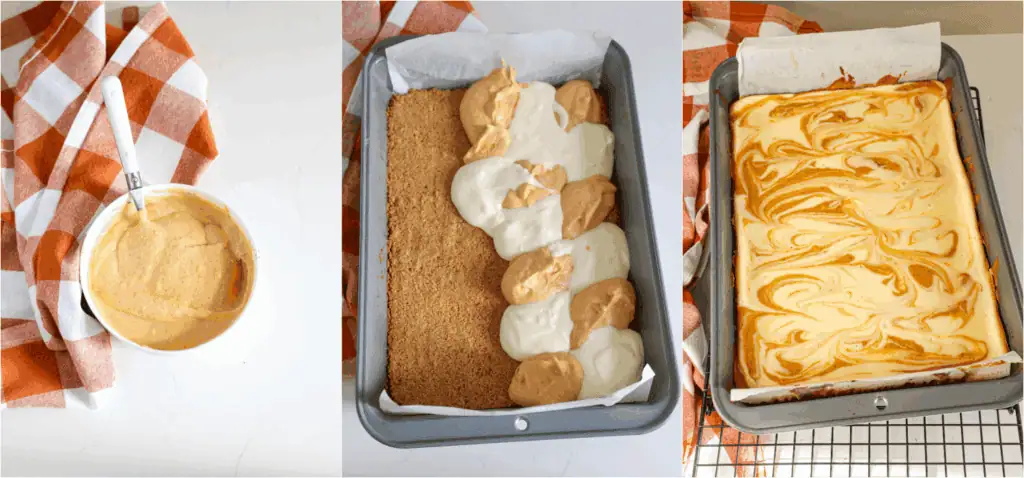 Some the steps to making pumpkin cheesecake bars. Gently stir about half the cheesecake batter into the pumpkin mixture. Don't overmix. Add dollops of the cheesecake mixture and pumpkin cheesecake mixture alternating between the two onto the graham cracker. Swirl with a knife or chopstick. Bake for about 30 minutes or until set.