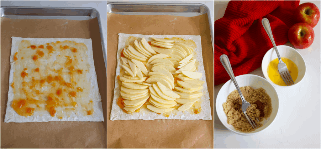 Some of the steps to making apple tart. Spread the jam over the top, leaving a small border around the edge (an inch or less). 
Arrange the cut apples over the jam. In a small bowl, combine the brown sugar, cinnamon, and nutmeg. In another small bowl, whisk the egg and water together.