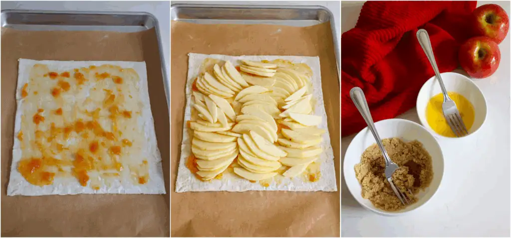 Some of the steps to making apple tart. Spread the jam over the top, leaving a small border around the edge (an inch or less).
Arrange the cut apples over the jam. In a small bowl, combine the brown sugar, cinnamon, and nutmeg. In another small bowl, whisk the egg and water together.