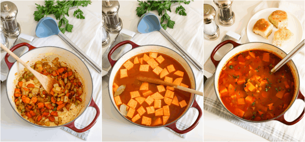 Some of the steps to making chickpea soup. Cook the onions, celery, and carrots in a little olive oil over medium heat until the onions and celery are soft.

Reduce the heat to low and cook the garlic and other spices for a minute while stirring. Stir in the vegetable broth, tomatoes, chickpeas, sweet potatoes, and bay leaves. Bring the soup to a boil. Then reduce the heat and simmer until the sweet potatoes and carrots are tender.