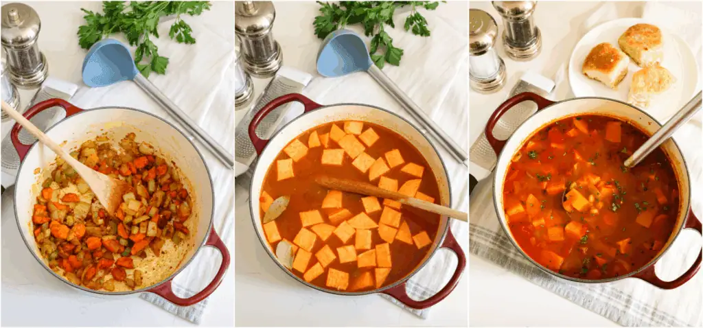 Some of the steps to making chickpea soup. Cook the onions, celery, and carrots in a little olive oil over medium heat until the onions and celery are soft.

Reduce the heat to low and cook the garlic and other spices for a minute while stirring. Stir in the vegetable broth, tomatoes, chickpeas, sweet potatoes, and bay leaves. Bring the soup to a boil. Then reduce the heat and simmer until the sweet potatoes and carrots are tender.