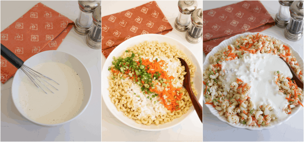 Some of the steps to making Hawaiian macaroni salad. Meanwhile, mix the mayonnaise, half and half, brown sugar, salt, and black pepper in a medium bowl. Add the pasta, half the dressing, grated onion, carrots, and celery to a large serving bowl. Mix to coat and cover with plastic wrap. Refrigerate the macaroni salad and the remaining dressing in an airtight container for at least 2 hours up to overnight. Before serving, add the remaining dressing and sliced green onions. 