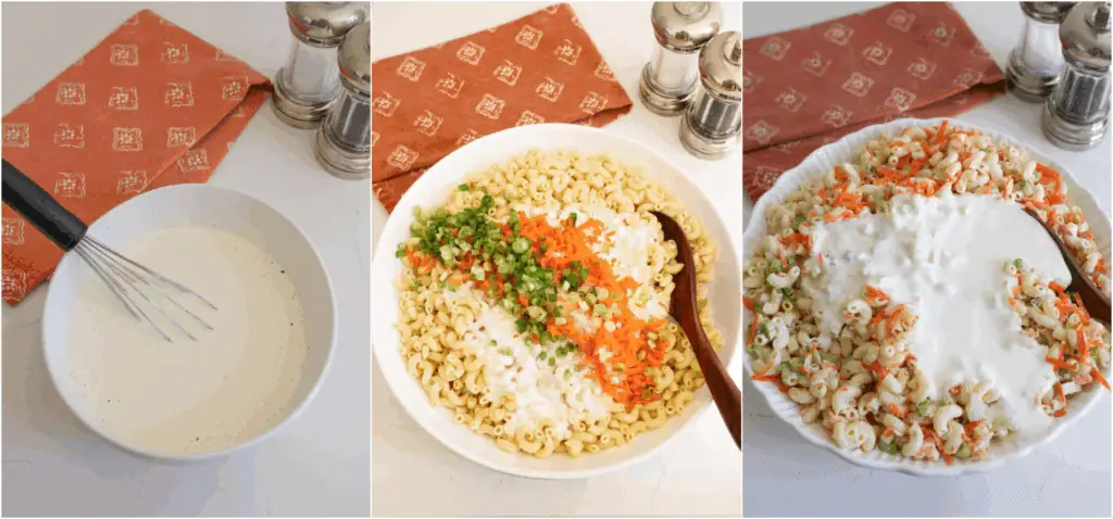 Some of the steps to making Hawaiian macaroni salad. Meanwhile, mix the mayonnaise, half and half, brown sugar, salt, and black pepper in a medium bowl. Add the pasta, half the dressing, grated onion, carrots, and celery to a large serving bowl. Mix to coat and cover with plastic wrap. Refrigerate the macaroni salad and the remaining dressing in an airtight container for at least 2 hours up to overnight. Before serving, add the remaining dressing and sliced green onions.