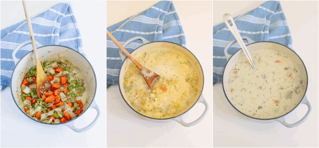 Some of the steps to make corn chowders. Heat a little olive oil in a Dutch oven over medium heat. Add the onions, celery, and carrots. Sauté until the onions and celery are soft.
Reduce the heat to low and add the garlic, marjoram, thyme, and cayenne pepper. Cook for a minute while stirring. Sprinkle in the flour and cook for a couple of minutes while stirring. Stir in the vegetable broth, corn, potatoes, and bay leaves. Bring the mixture to a boil. Reduce the heat and simmer until the carrots and potatoes are tender.