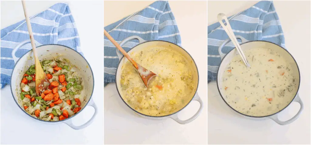 Some of the steps to make corn chowders. Heat a little olive oil in a Dutch oven over medium heat. Add the onions, celery, and carrots. Sauté until the onions and celery are soft.

Reduce the heat to low and add the garlic, marjoram, thyme, and cayenne pepper. Cook for a minute while stirring. Sprinkle in the flour and cook for a couple of minutes while stirring. Stir in the vegetable broth, corn, potatoes, and bay leaves. Bring the mixture to a boil. Reduce the heat and simmer until the carrots and potatoes are tender.