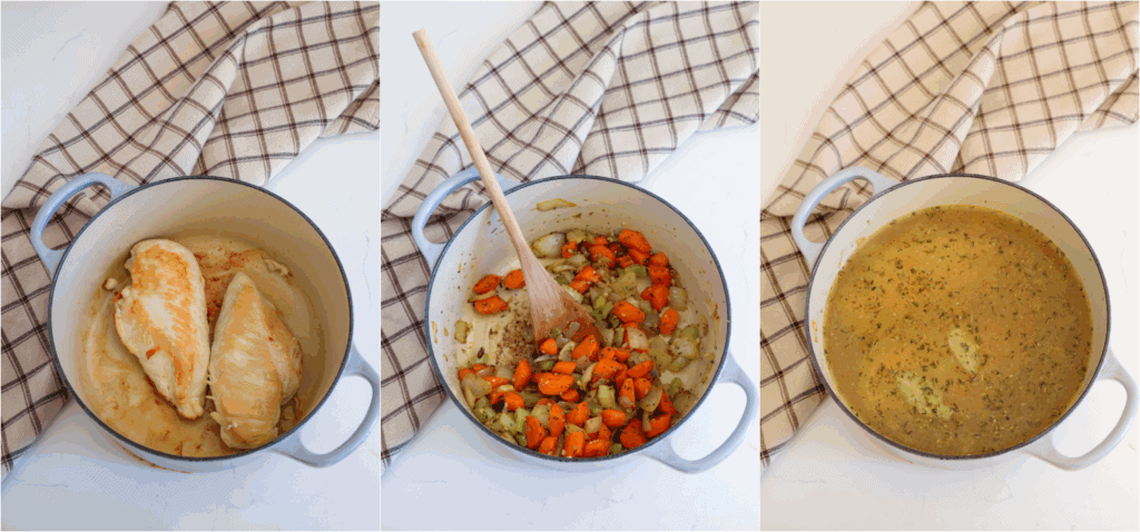 Some of the steps to making chicken and dumplings. Brown the chicken breasts in a little olive oil in a large Dutch oven. Plate the chicken. Add the onion, celery, and carrots to the skillet and cook until the onions and celery are tender. Reduce the heat to low and add the garlic, onion powder, thyme, rosemary, and marjoram. Cook for 1 minute while stirring. Add the chicken broth (reserve about ½ cup) and the chicken to the pot. Bring the mixture to a gentle boil and simmer for 10-15 minutes or until the chicken is tender. Remove the chicken from the pot and shred it.