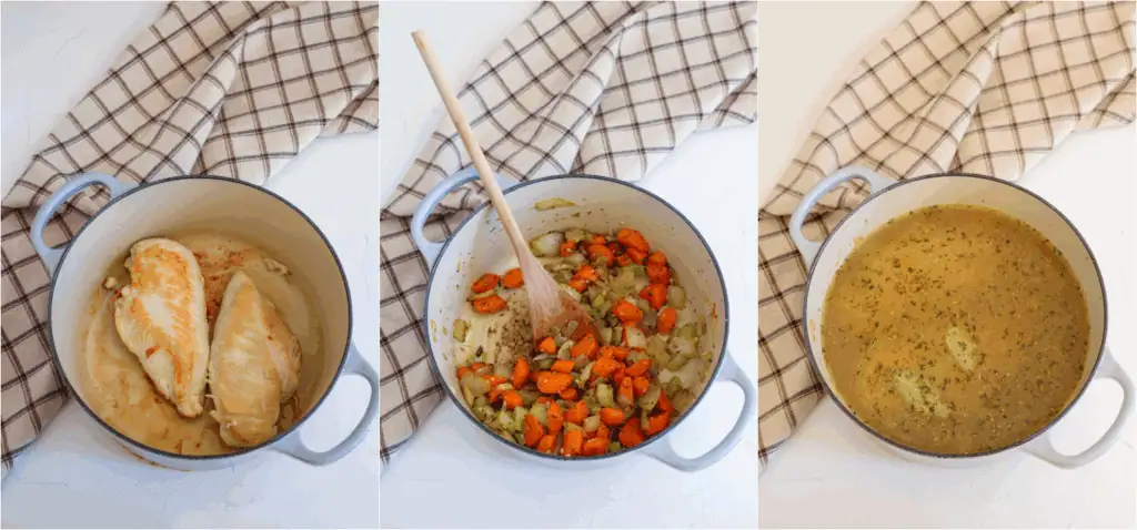 Some of the steps to making chicken and dumplings. Brown the chicken breasts in a little olive oil in a large Dutch oven. Plate the chicken. Add the onion, celery, and carrots to the skillet and cook until the onions and celery are tender. Reduce the heat to low and add the garlic, onion powder, thyme, rosemary, and marjoram. Cook for 1 minute while stirring. Add the chicken broth (reserve about ½ cup) and the chicken to the pot. Bring the mixture to a gentle boil and simmer for 10-15 minutes or until the chicken is tender. Remove the chicken from the pot and shred it.