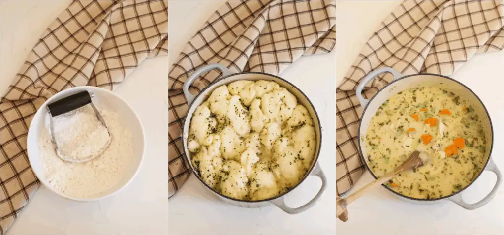 Some of the steps to making chicken and dumplings. Mix the flour, baking powder, sugar, and salt. Cut in the butter with a pastry cutter. Add the milk and stir just until combined. Drop by small spoonfuls into the simmering stew. Cover and cook for 15 minutes.