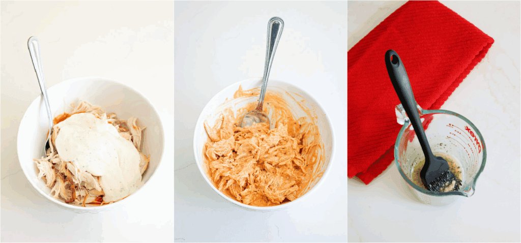Some of the steps to making buffalo chicken sliders. Mix the shredded chicken, buffalo wing sauce, and ranch dressing in a large bowl. Then, mix the melted butter, Parmesan cheese, garlic powder, and parsley. Set the bowl aside.