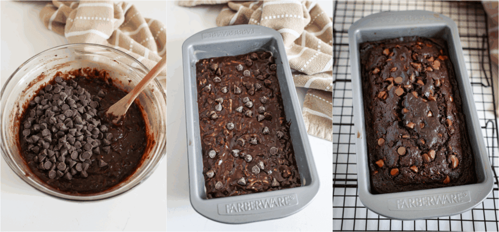 Some of the steps to making chocolate zucchini bread. Fold in the chocolate chips. Bake until a toothpick inserted in the center comes out clean or with a few moist crumbs.