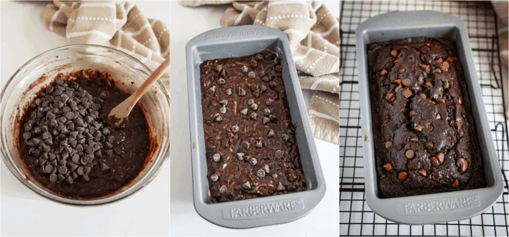 Some of the steps to making chocolate zucchini bread. Fold in the chocolate chips. Bake until a toothpick inserted in the center comes out clean or with a few moist crumbs.