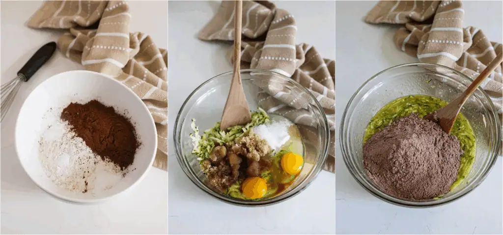 Some of the steps to making chocolate zucchini bread. Whisk the flour, cocoa powder, baking soda, baking powder, and salt. 
Mix the shredded zucchini, granulated sugar, brown sugar, butter, vegetable oil, eggs, and vanilla extract. Add the dry ingredients to the wet ingredients and stir just until combined. 