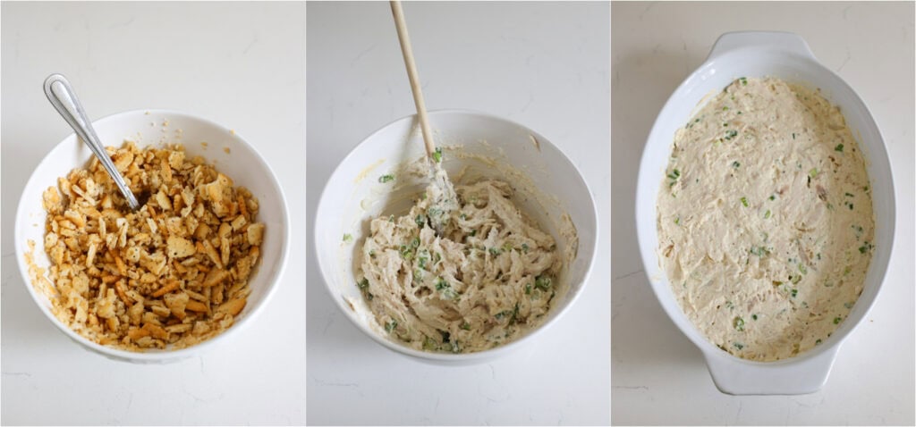 Some of the steps to making Ritz cracker chicken casserole. Mix the crushed Ritz crackers with the melted butter. Stir the cooked chicken, cream of chicken soup, sour cream, onion powder, garlic powder, black pepper, and green onions. Spread the chicken mixture in a 2½-quart casserole dish. 