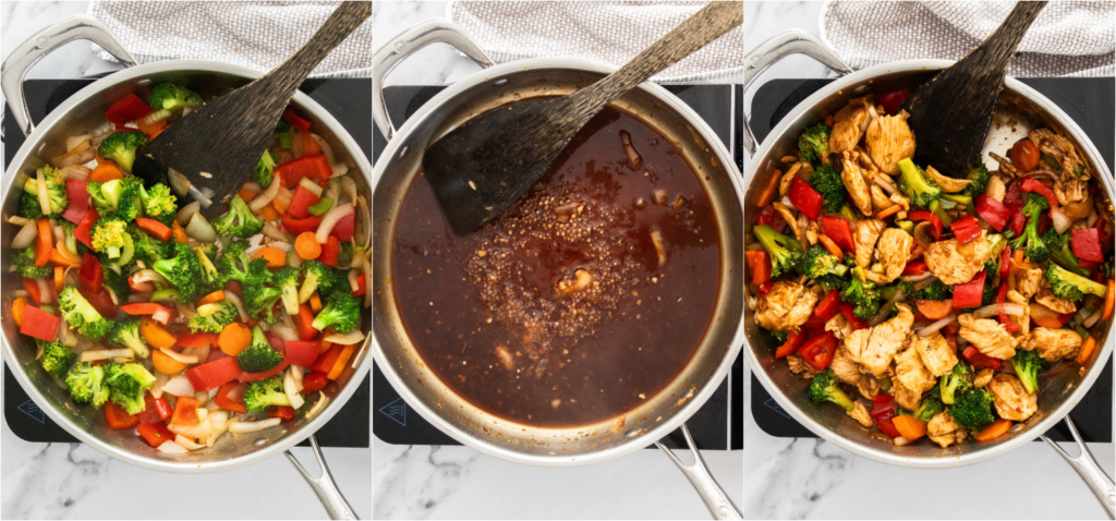 Some of the steps for making hunan chicken. Remove the chicken from the marinade and pan-fry it in a bit of oil in a large skillet on the stovetop. Transfer the chicken to a plate. Add a little more oil and stir-fry the vegetables. Transfer the veggies to a plate. Pour the sauce into the pan and cook until thickened, whisking frequently. Return the chicken and veggies to the skillet and toss to coat.