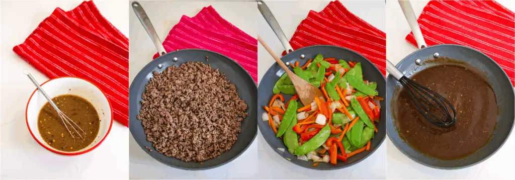 Some of the steps to making ground beef stir fry. Mix the sauce ingredients and set the bowl aside for a few minutes
Brown the ground beef in a skillet over medium heat. Plate the cooked beef. Stir fry the onion over medium-high heat for about 1-2 minutes. Add the bell peppers and carrots to the skillet with the onions, and cook for 1-2 minutes. Then, add the snow peas and cook for 1-2 minutes. Remove the veggies to a plate.
Add the sauce and whisk over medium-low heat until thickened.