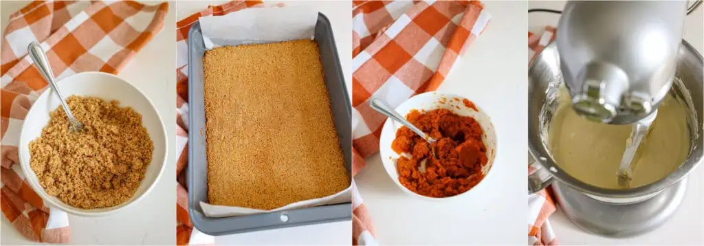 Some of the steps to making pumpkin cheesecake bars. Mix the crushed graham crackers, melted butter, and granulated sugar. Press the mixture into a 9x13-inch pan sprayed with non-stick baking spray and lined with parchment paper. Bake for 10 minutes or until very lightly browned. Mix the pumpkin and pumpkin pie spice in a medium bowl. Using a stand blender with the paddle attachment, beat the cream cheese on medium speed until it is lump-free. Add the sugar and beat until well combined, scraping down the bowl and beater when needed. Turn the mixer to low and add the sour cream, eggs (one at a time), and vanilla extract. Mix just until combined.