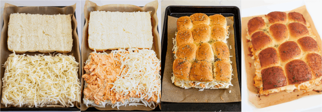 Some the steps to making buffalo chicken sliders. Slice the Hawaiian buns in half lengthwise without separating them. Spread half the shredded Monterey Jack cheese over the bottom half of the buns. Spread the chicken mixture over the cheese. Top with the remaining cheese over the chicken mixture. Cover the cheese with the top buns and brush with the butter mixture. Bake for 12-14 minutes or until the cheese is melted and the top is browned.