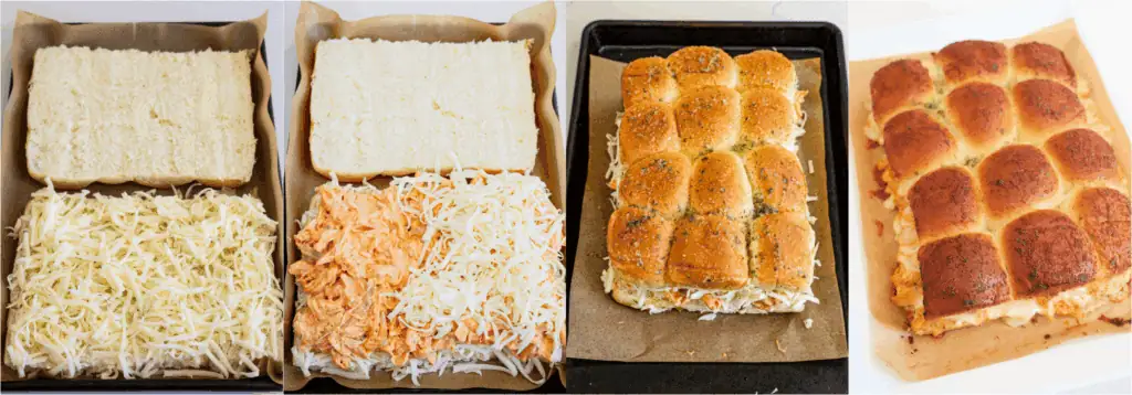 Some the steps to making buffalo chicken sliders. Slice the Hawaiian buns in half lengthwise without separating them. Spread half the shredded Monterey Jack cheese over the bottom half of the buns. Spread the chicken mixture over the cheese. Top with the remaining cheese over the chicken mixture. Cover the cheese with the top buns and brush with the butter mixture. Bake for 12-14 minutes or until the cheese is melted and the top is browned.