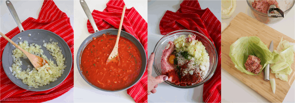 Some of the steps to making crock pot cabbage rolls. Sauté the onions and garlic in a little olive oil. Remove half the onion mixture. Add the tomato sauce, diced tomatoes, vinegar, brown sugar, and fresh dill. Simmer while you make the meat mixture.
Combine half the onion mixture, ground pork, ground beef, egg, rice, paprika, salt, pepper, and parsley. Working with the cabbage rolls on a flat surface, add about 1/3 cup of the meat mixture to the center of each cabbage leaf.
