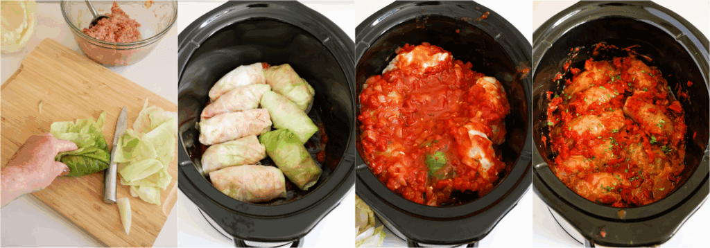 Some of the steps to making crock pot cabbage rolls. Fold in the sides and roll up the cabbage. Place cabbage rolls seam-side down in a single layer in the crockpot. Pour half the sauce over the first layer of cabbage rolls. Stack the rest of the cabbage rolls on top and add the rest of the sauce. 
Cover and cook on low for 6-8 hours.