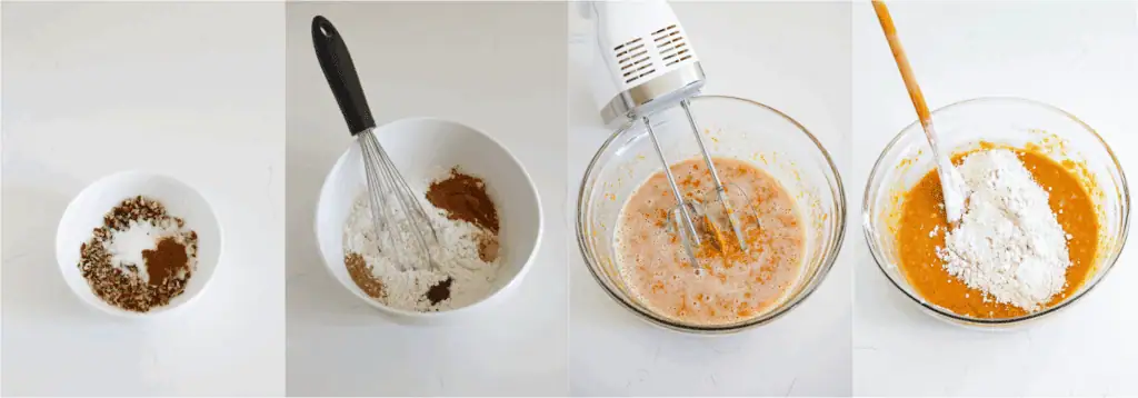 Some of the steps for making sweet potato bread. Stir the chopped pecans, granulated sugar, and cinnamon together. Set it aside. Whisk the flour, baking soda, cinnamon, ginger, nutmeg, cloves, and salt in a medium bowl. Using a handheld mixer, beat the mashed sweet potato, granulated sugar, oil, eggs, maple syrup, and vanilla extract on low speed just until combined. Stir the flour mixture into the sweet potato mixture just until combined.
