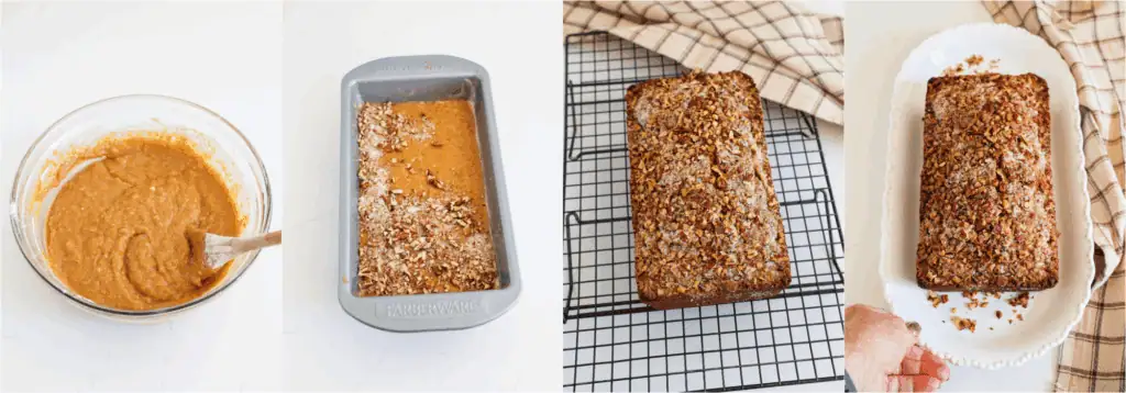 Some the steps for making sweet potato bread. Stir the flour mixture into the sweet potato mixture just until combined. Pour the batter into a greased loaf pan. Sprinkle the pecan mixture over the batter and press just a touch into the batter. Bake until set.