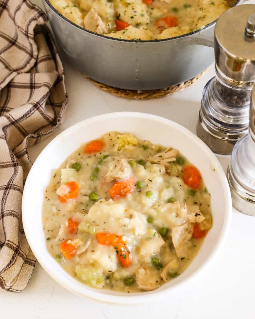 A single serving bowl full of chicken dumplings with a salt and pepper shaker in the background. 