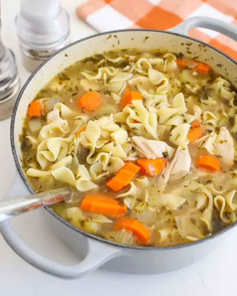 A large Dutch oven filled with rotisserie chicken noodle soup.