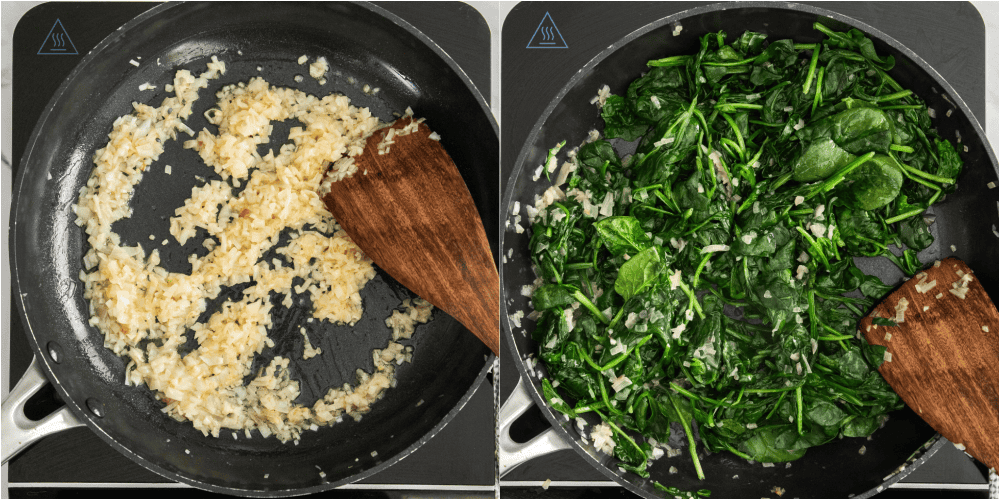 Some of the steps for making creamed spinach. Melt a couple of tablespoons of butter in a large skillet over medium heat. Add the shallot and sauté until soft. Reduce the heat to low and add the garlic and spinach. Cook for a couple of minutes, stirring frequently, until the spinach wilts.