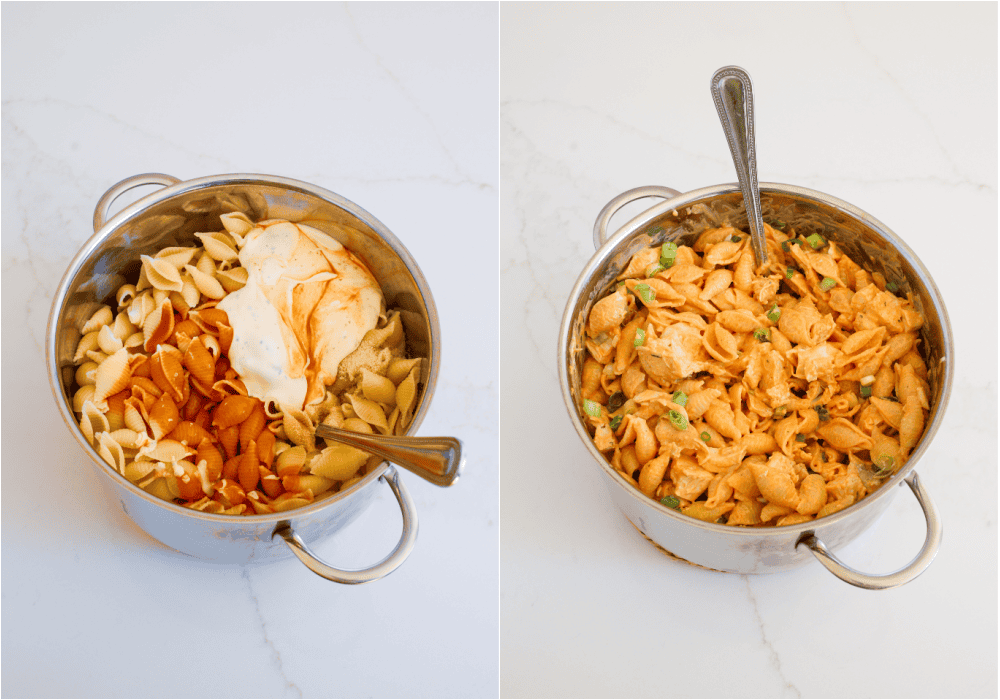 How to make Buffalo chicken casserole. Cook the pasta al dente according to package directions and drain well. Stir the cooked chicken, buffalo wing sauce, ranch dressing, onion powder, garlic powder, and green onions into the pasta.
