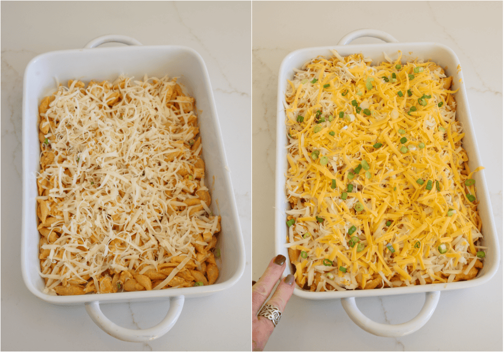 How to make Buffalo chicken casserole. Spoon half of the mixture into a greased 9x13-inch casserole. Sprinkle with about ½ cup of each cheese. Spoon the remainder of the pasta mixture into the casserole dish and top with the remaining cheese.
