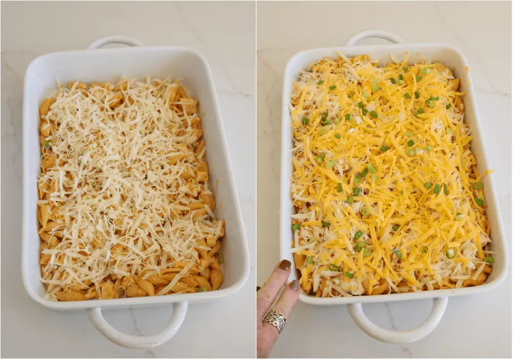 How to make Buffalo chicken casserole. Spoon half of the mixture into a greased 9x13-inch casserole. Sprinkle with about ½ cup of each cheese. Spoon the remainder of the pasta mixture into the casserole dish and top with the remaining cheese.