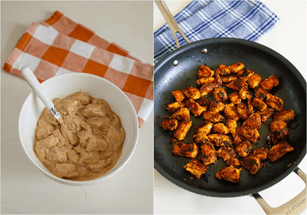 Some the steps to making butter chicken. Stir the marinade ingredients in a medium bowl. Add the chicken and toss to coat. Cover the bowl and refrigerate for 2 hours to overnight. Melt the butter in a skillet over medium heat. Cook the chicken until browned and cooked through.