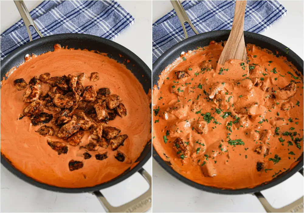 Some of the steps to making butter chicken. Stir in the tomato sauce and simmer. Slowly stir in the heavy cream. Return the cooked chicken to the skillet and simmer for a few minutes.