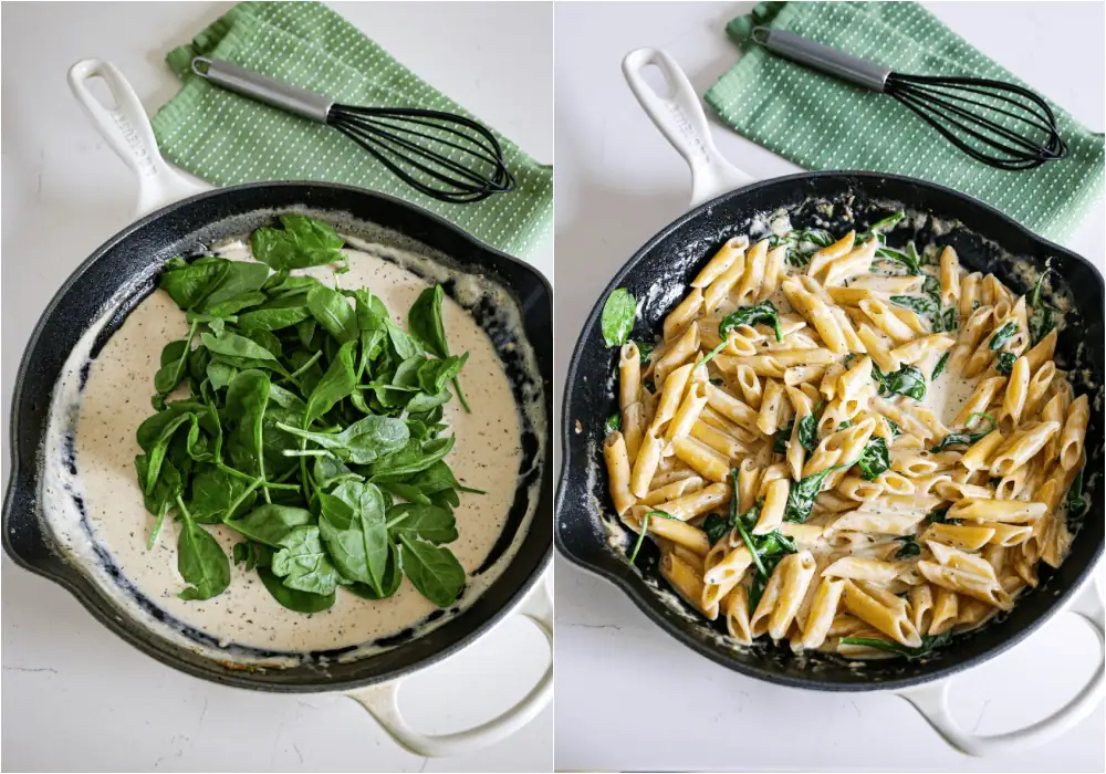 Some of the steps to making chicken penne pasta. Stir in the the parmesan cheese until melted. Add the baby spinach and tomatoes, and cook until the spinach wilts. Add the drained pasta and cooked chicken back to the pot and toss to coat.