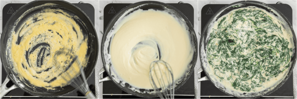 Some of the steps for making creamed spinach. Meanwhile, melt the remaining butter in a separate large skillet over medium heat. Sprinkle in the flour and whisk to combine. Cook for 2-3 minutes, whisking constantly. Slowly whisk in the milk and cook until thickened. Stir in the sautéed spinach mixture, nutmeg, and heavy cream. Season with salt and freshly ground pepper to taste.