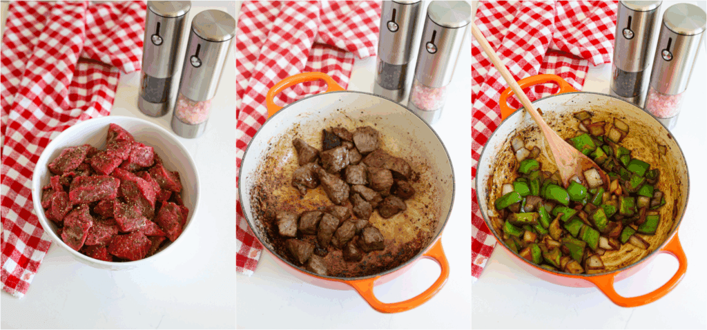 Some of the steps to making carne guisada Salt and pepper the beef stew. Brown it in a bit of olive oil over medium heat. Remove the browned beef to a plate. Add the bell peppers and onions and sauté over medium-low heat. 