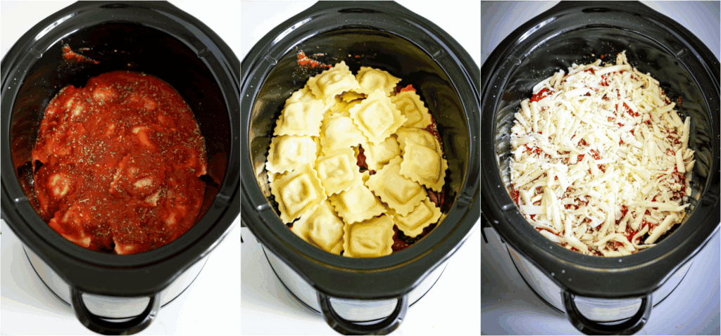 Some of the steps to making crockpot ravioli lasagna. Spoon a bit more than a cup of marinara over the ravioli and sprinkle with Italian seasoning. Top with the remaining sauteed vegetables, a layer of ravioli, the remaining marinara sauce, the mozzarella, and a little Italian seasoning.