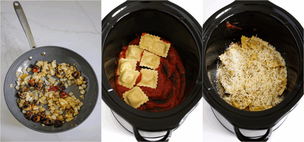 Some of the steps for making crockpot lasagna. Sauté the onion, mushrooms, and garlic.
Spoon about a cup of marinara sauce into the bottom of the crockpot. Top with a layer of ravioli.  Sprinkle with half the sauteed vegetables, Italian blend cheese, and a little Italian seasoning.