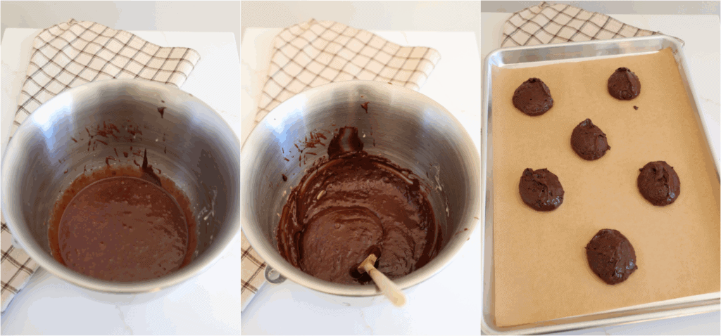 Some of the steps to making brownie cookies. Whisk the chocolate mixture into the egg mixture slowly. Stir the dry ingredients into the wet ingredients. Using a large cookie scoop, drop the cookie dough onto a parchment-lined baking sheet, spacing the cookies 3 inches apart.