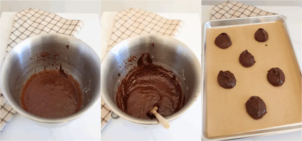 Some of the steps to making brownie cookies. Whisk the chocolate mixture into the egg mixture slowly. Stir the dry ingredients into the wet ingredients. Using a large cookie scoop, drop the cookie dough onto a parchment-lined baking sheet, spacing the cookies 3 inches apart.