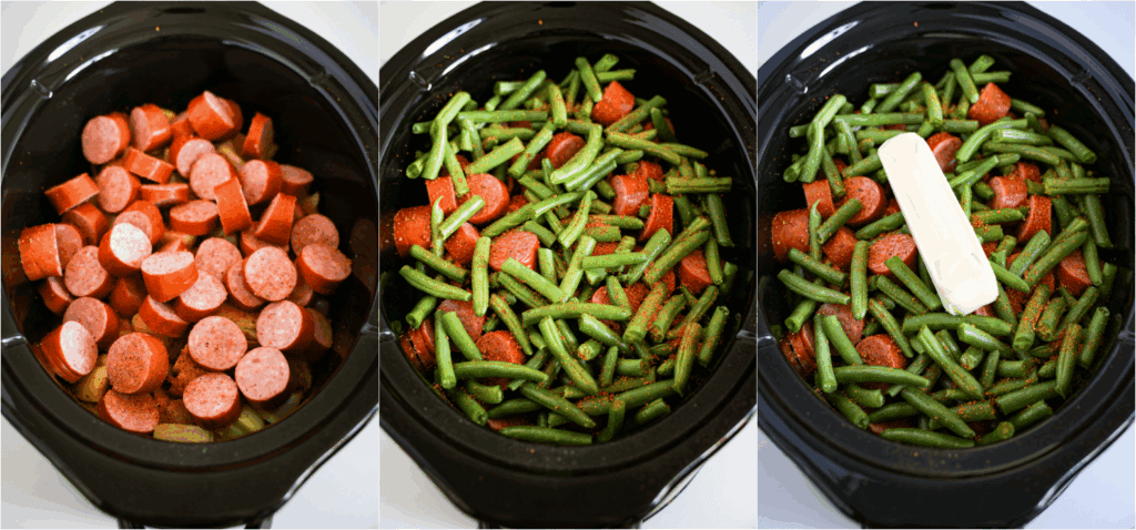 Some of the steps to making swamp potatoes. Add the smoked sausage, green beans, butter, and remaining seasonings.