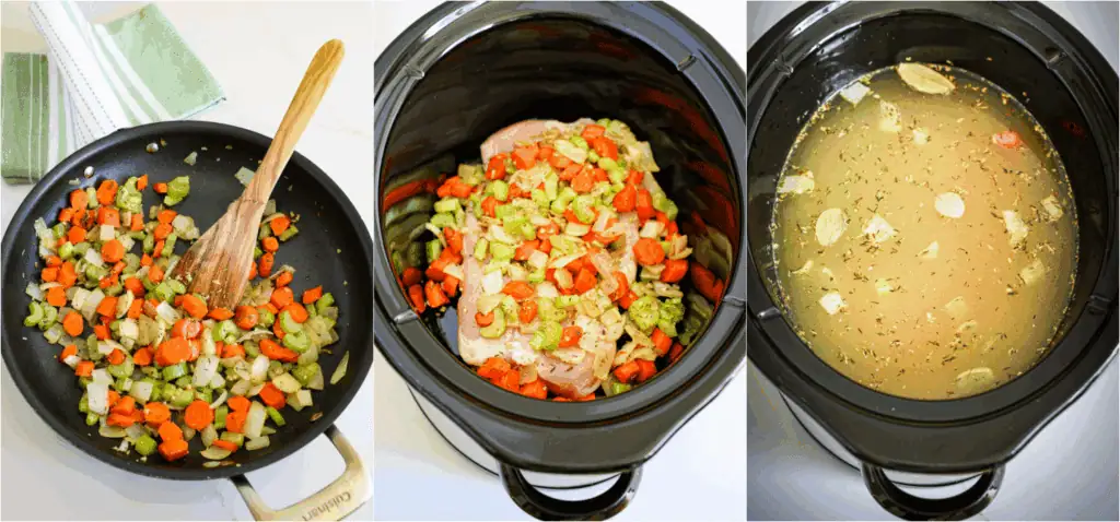 Some of the steps to making chicken noodle soup. Sauté the onions, celery, and carrots in a bit of olive oil over medium heat.
Reduce the heat to low and add the garlic, thyme, rosemary, and nutmeg. Add the chicken to the bottom of the crockpot. Spoon the sautéed vegetables over the chicken. Add the bay leaves and pour the chicken broth into the crockpot.