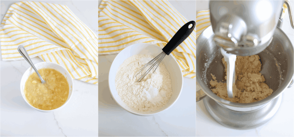 Some of the steps to making banana cake with cream cheese frosting. Mash the bananas and lemon juice. Whisk the flour, baking soda, baking powder, and salt. Using a mixer on medium speed, beat the butter, sugar, and brown sugar until well mixed.