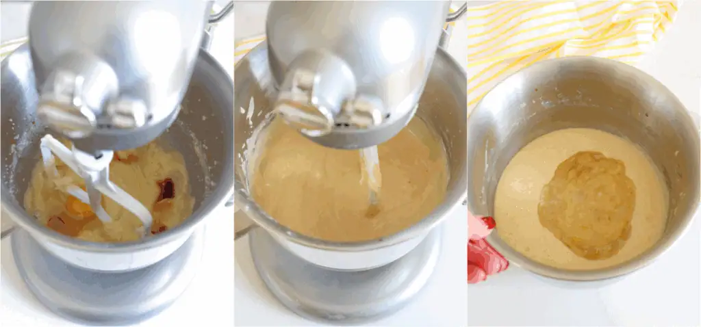 Some of the steps to making banana cake with cream cheese frosting. Turn the mixer to low, add the eggs, one at a time, beating just until combined. Add the vanilla extract and beat just until incorporated. Add the dry ingredients in several increments, alternating with the buttermilk. Mix just until combined. Stir in the banana mixture.