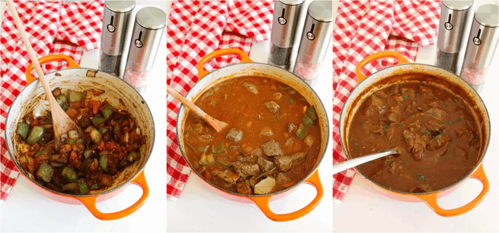 Some of the steps to making carne guisada. Add the tomatoes, garlic, chili powder, cumin, smoked paprika, oregano, and cayenne pepper. Cook for 1 minute while stirring. Sprinkle in the flour and cook for 2 minutes, stirring constantly. Stir in the beef broth and bay leaves. Cover and simmer over low heat for 1-1½ hours or until the meat is fork-tender