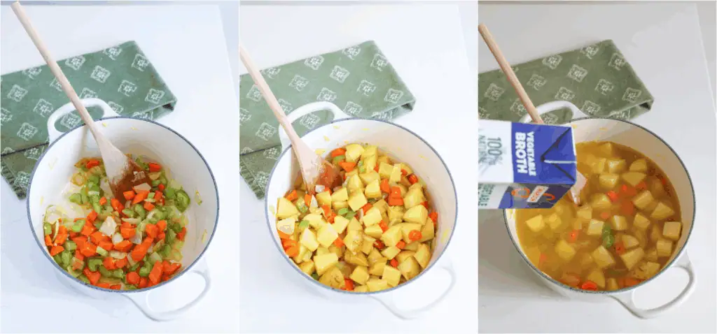 Some of the steps to making broccoli potato soup. Cook the onions, celery, and carrots over medium heat until the onions and celery are tender. Reduce the heat to low and add the garlic and potatoes. Cook for a couple of minutes, stirring frequently. Add the chicken broth and bring the pot to a simmer.